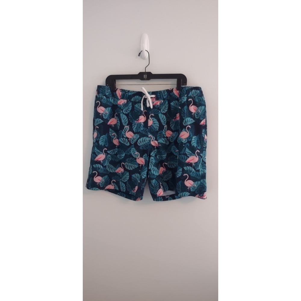 Men's XL Flamingo Palm Leaf TealBlue Pink Drawstring Lined Quick Dry Swim Trunks